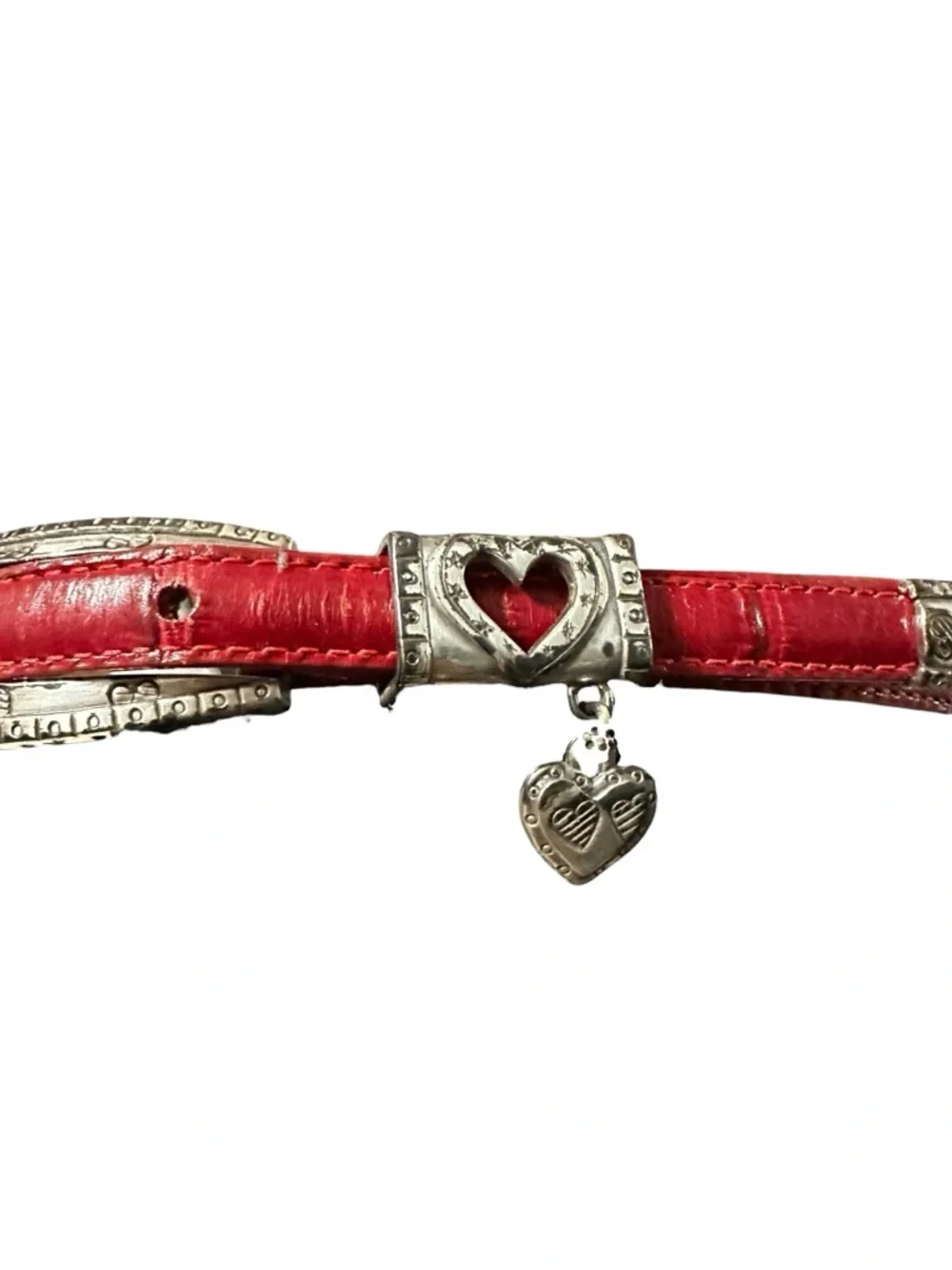 Brighton Croc Embossed Red Leather Belt Heart Charm Skinny Womens Size S 28 - Picture 2 of 9
